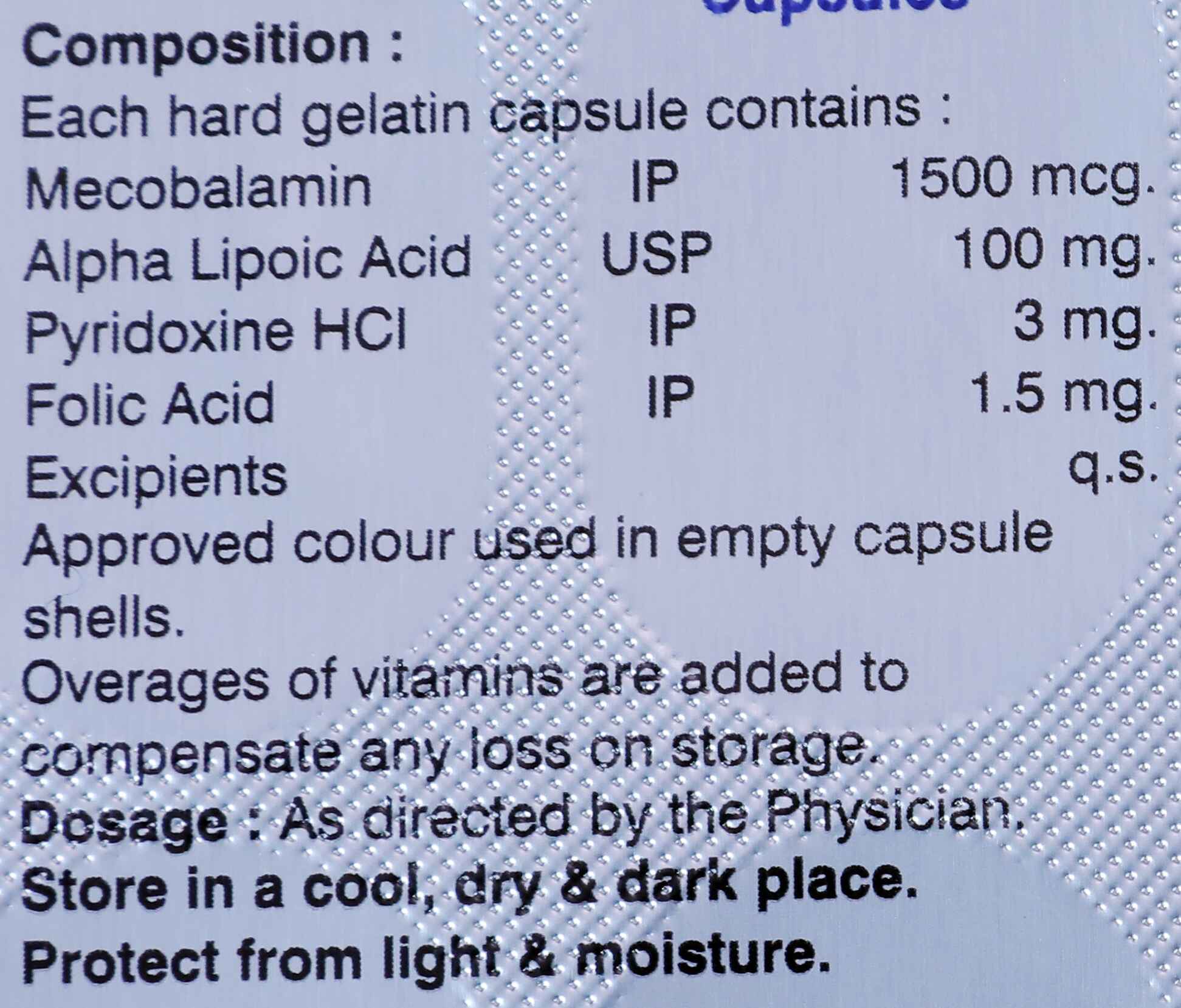 Product Photos (METHYLCOBALAMINE 1500 MCG+ALPHA LIPOIC ACID 10MG + FOLIOXINE HCL 3 MGC ACID 1.5MG+PYRID)